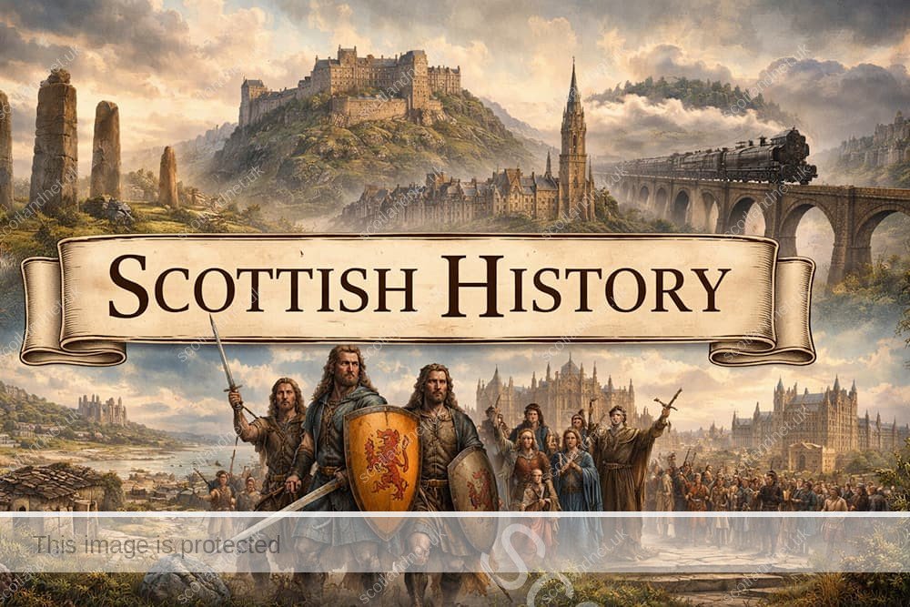 Vintage illustration banner for Scottish History featuring standing stones, Edinburgh Castle, medieval figures and industrial Scotland.