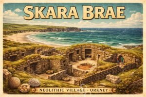 Vintage-style illustration of Skara Brae, the Neolithic stone village in Orkney, showing excavated stone houses overlooking Skaill Bay.