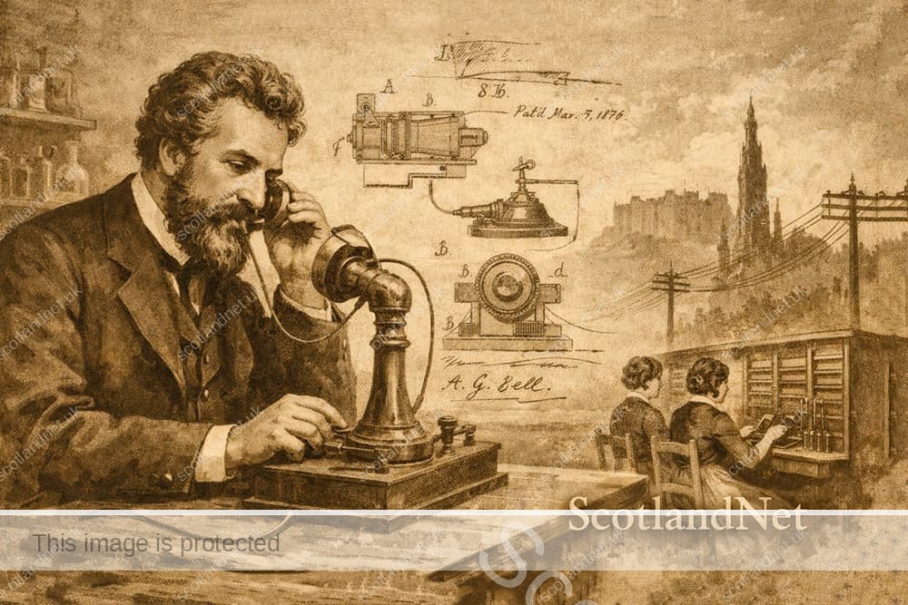 Alexander Graham Bell using an early telephone, vintage sepia illustration