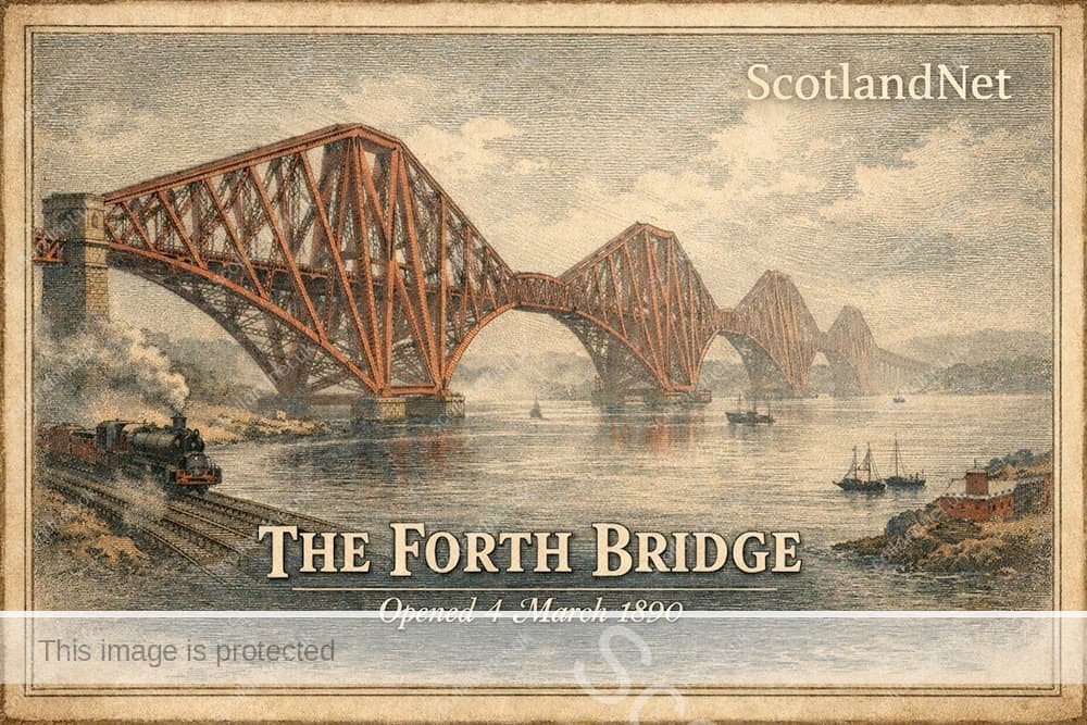 Vintage illustration of the Forth Bridge, opened 4 March 1890.