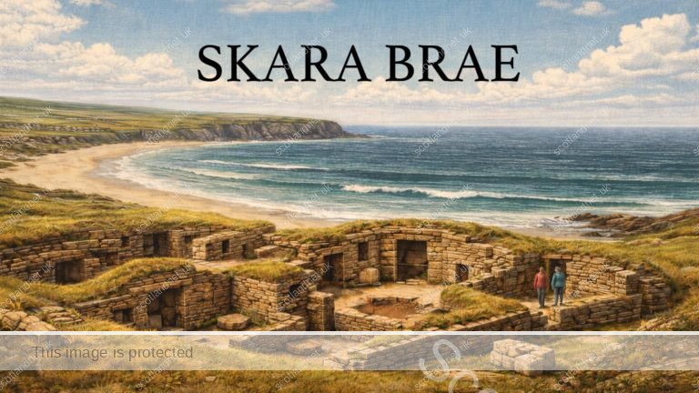 Vintage-style illustration of Skara Brae, the Neolithic stone village in Orkney, showing excavated stone houses Vintage-style illustration of Skara Brae, the Neolithic stone village in Orkney, showing excavated stone houses