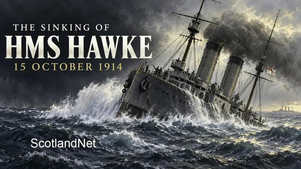 Illustration of HMS Hawke listing in rough seas, with the text “The Sinking of HMS Hawke, 15 October 1914”.