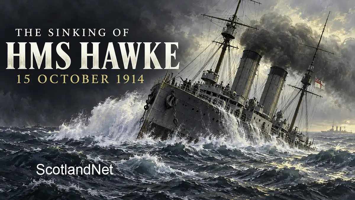 Illustration of HMS Hawke listing in rough seas, with the text “The Sinking of HMS Hawke, 15 October 1914”.