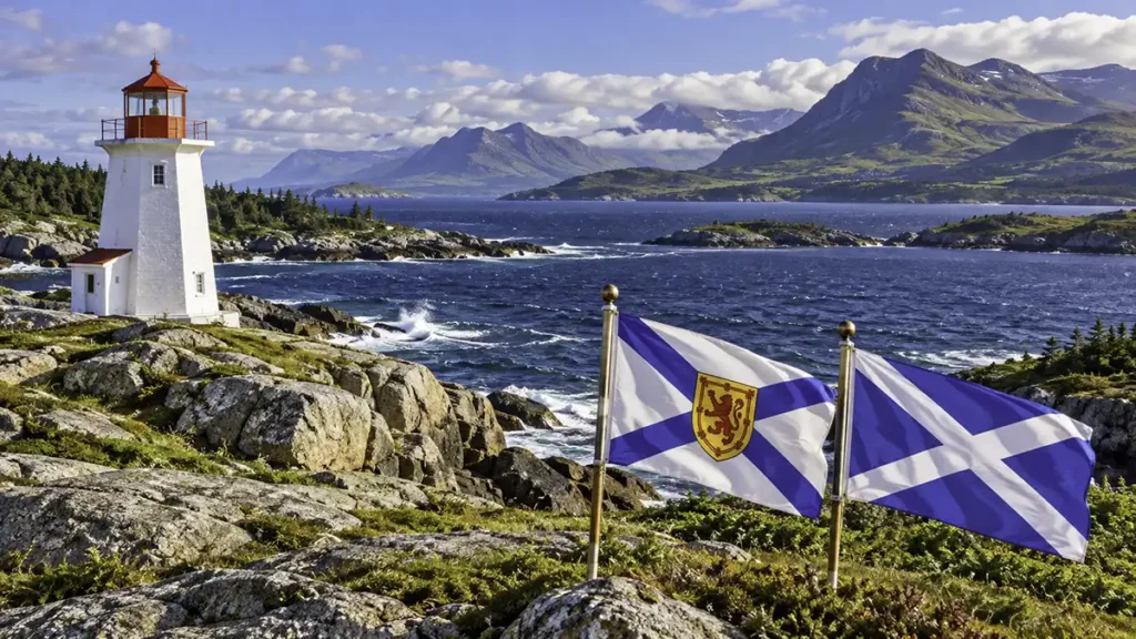 Nova Scotia Graphic illustration showing a coastal scene of Nova Scotia, Canada, showing the flags of Scotland and Nova Scotia.
