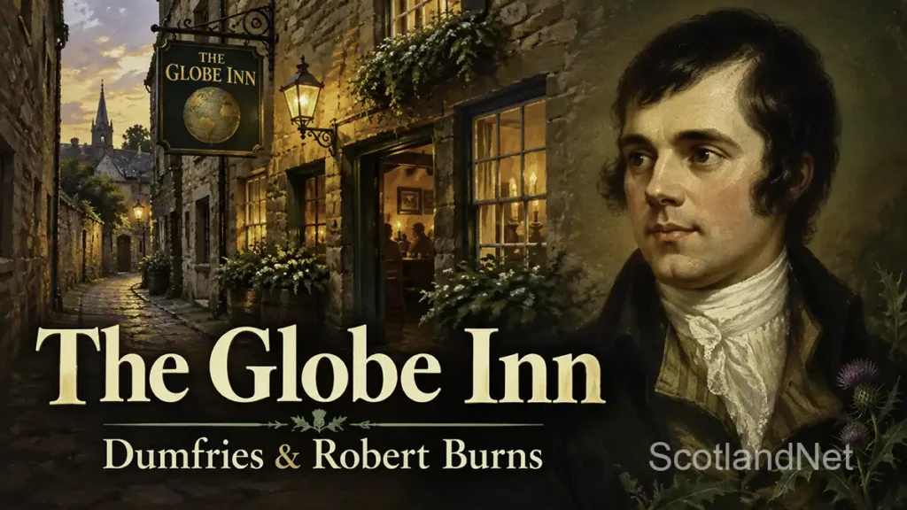 Illustration pairing a historic inn entrance with a portrait of Robert Burns, titled “The Globe Inn — Dumfries & Robert Burns”.